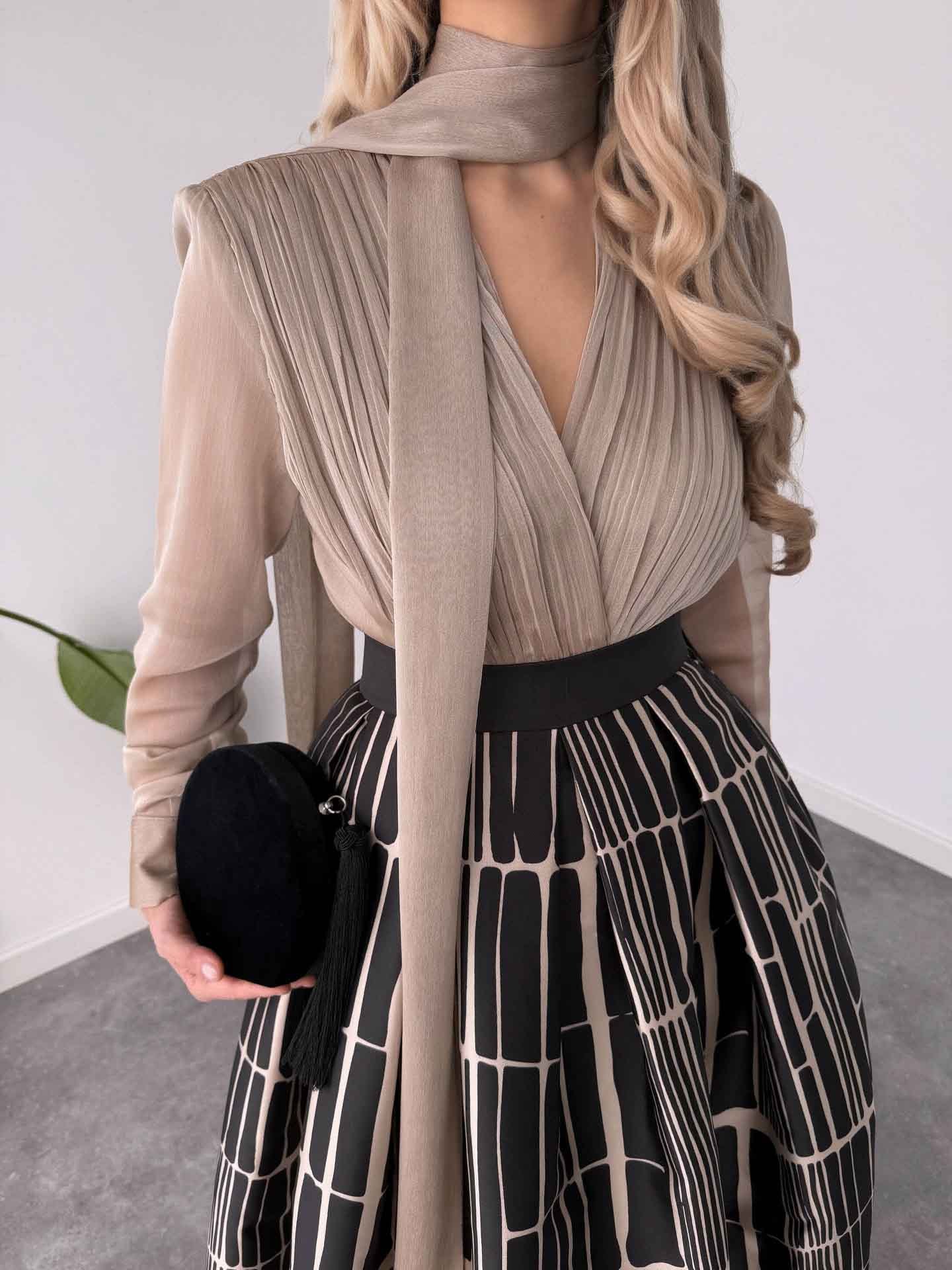 Elegant Satin Printed A-line Skirt Two-piece Set