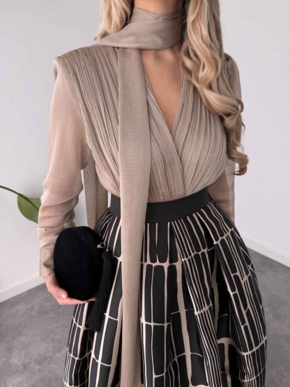 Elegant Satin Printed A-line Skirt Two-piece Set