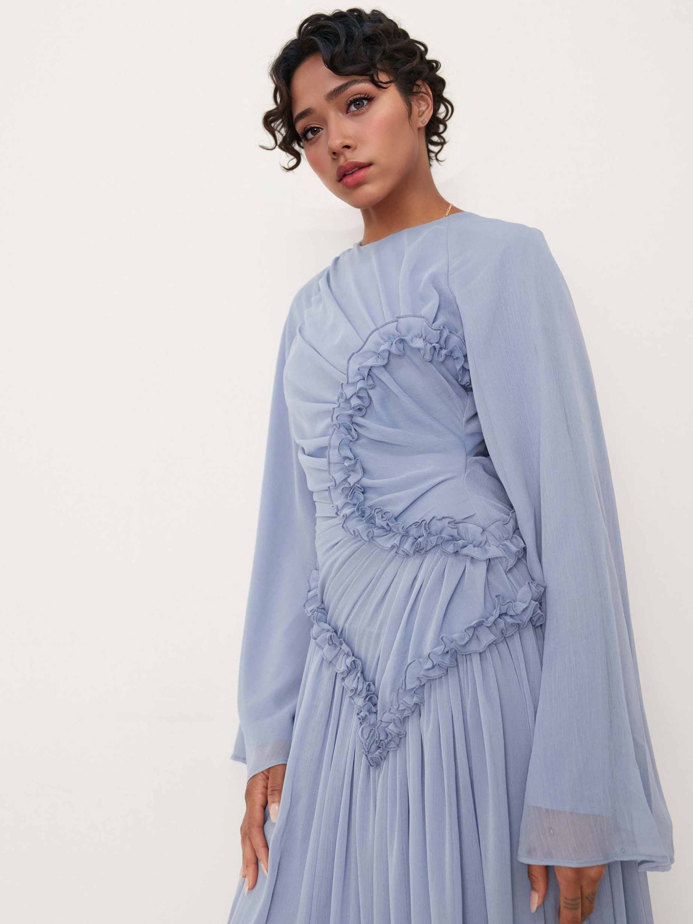 Elegant Pleated Ruffle-Trim Chiffon Maxi Dress