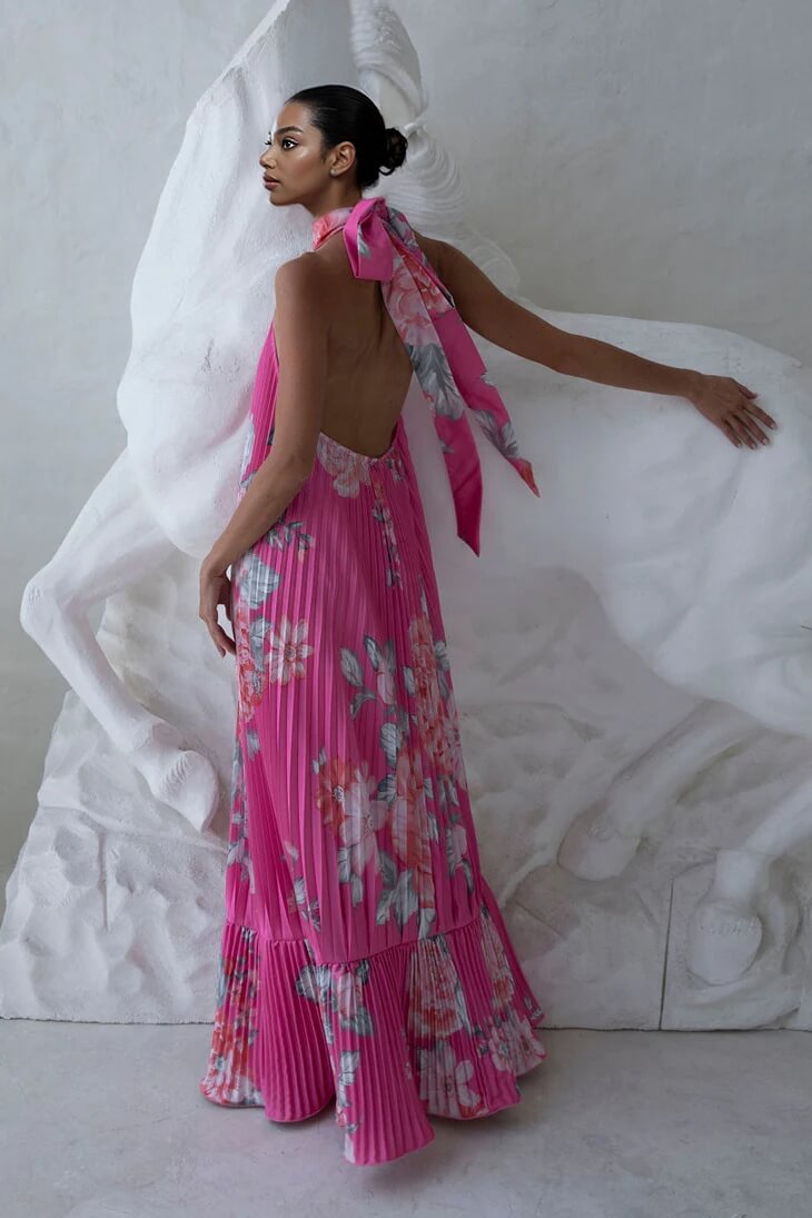 Fashionable Floral Print Pleated Tie-Waist Backless Ruffled Maxi Dress