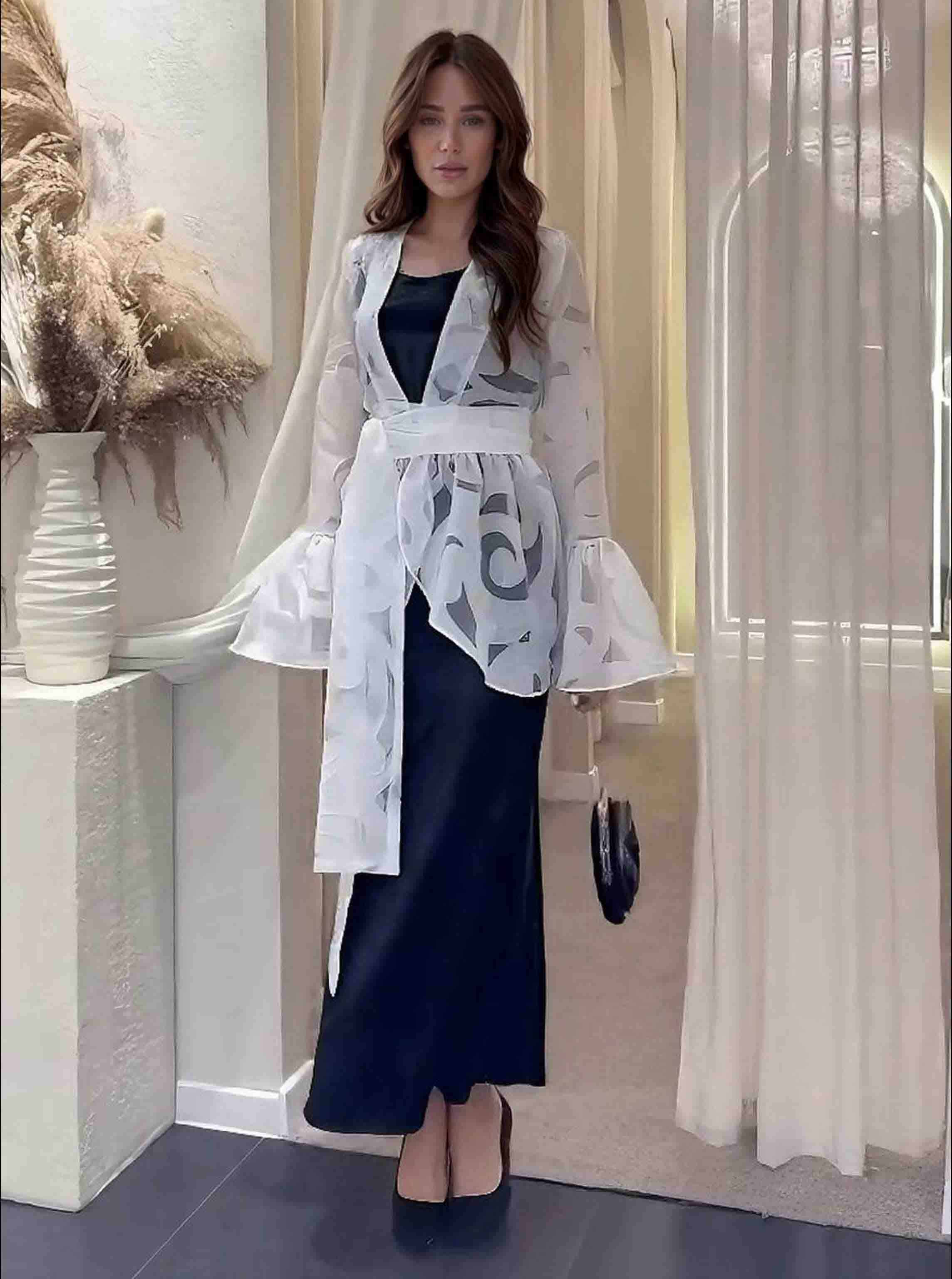 Elegant Ruffled Organza Cardigan & Black Maxi Dress Two-Piece Set