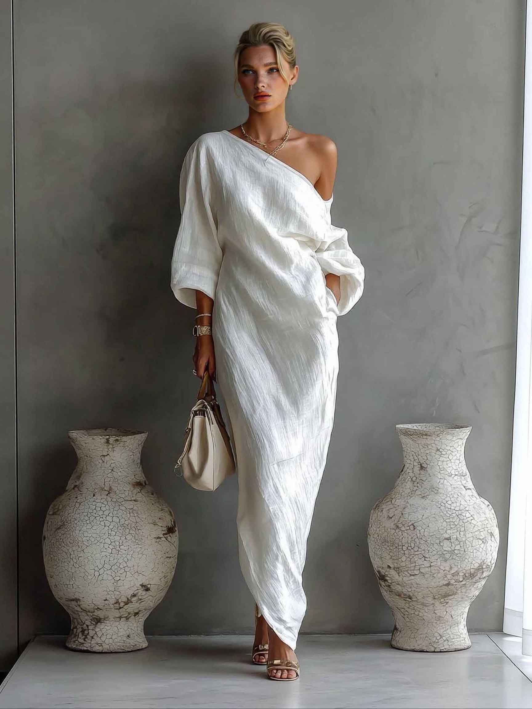 Elegant One-Shoulder Draped Maxi Dress