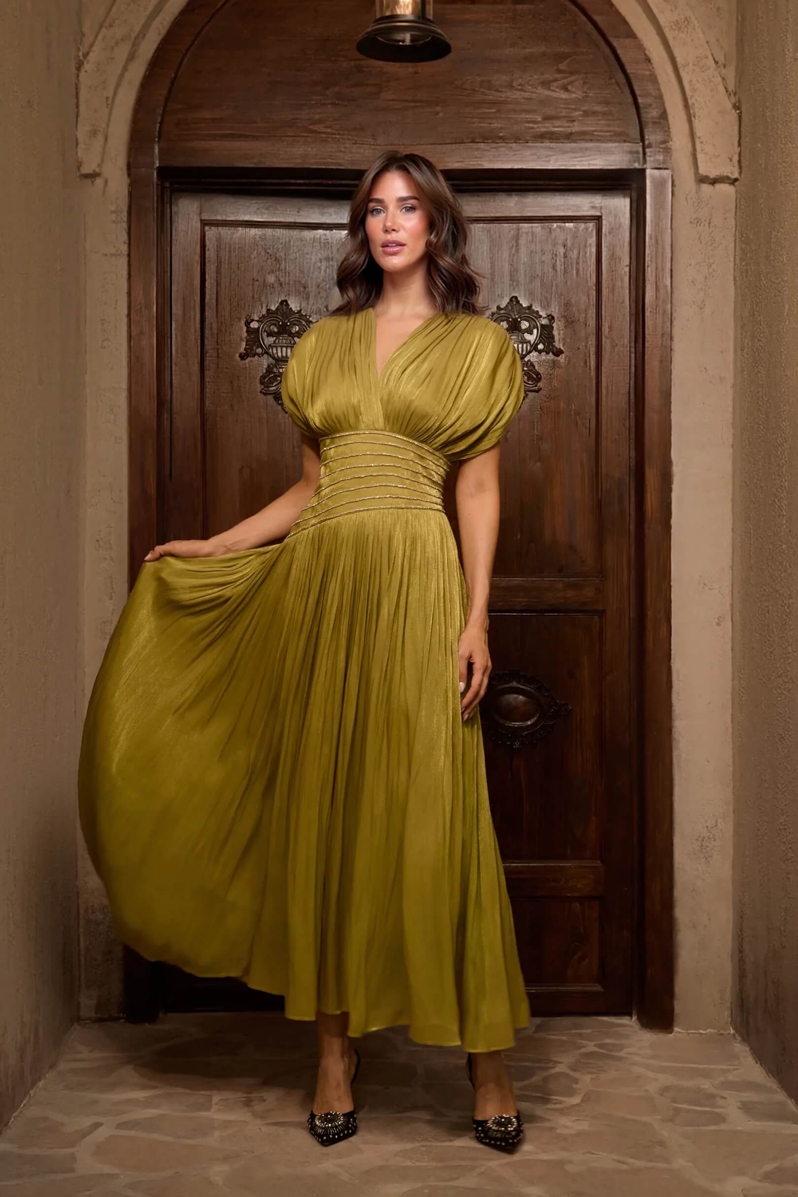 Fashion Olive V-neck Embellished Maxi Dress