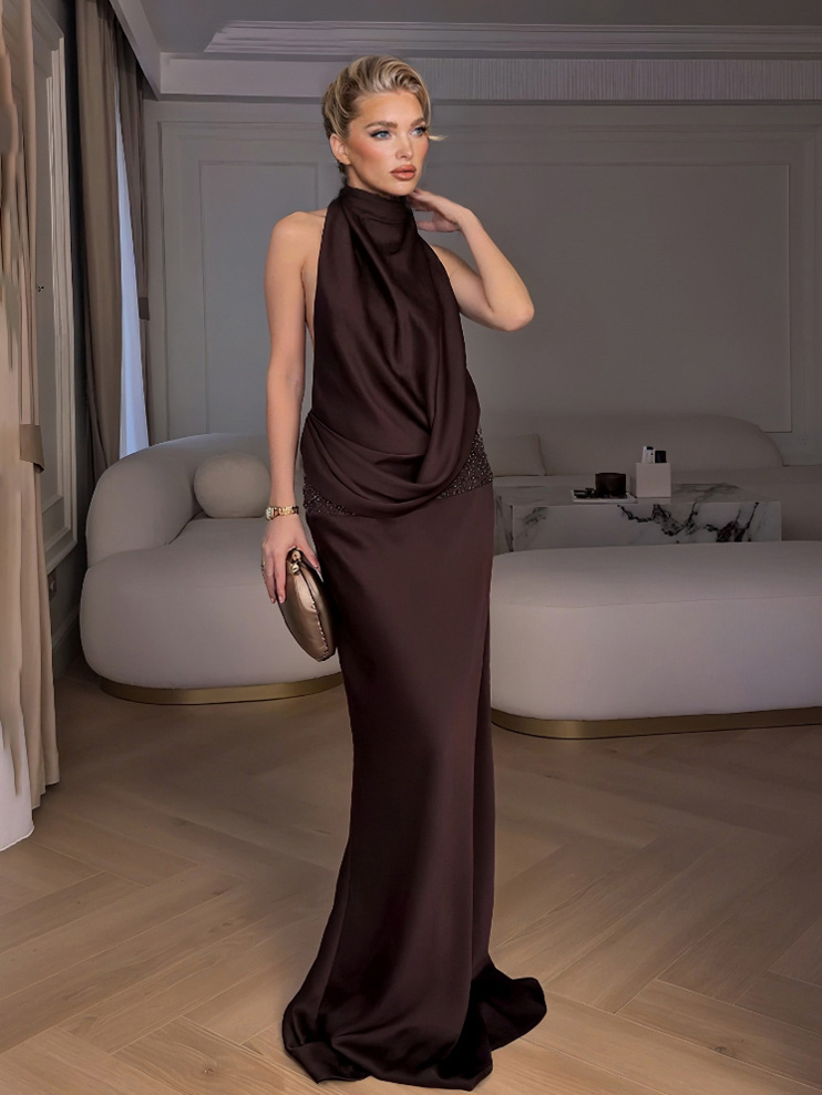 Elegant Halter Neck Sequined Maxi Dress