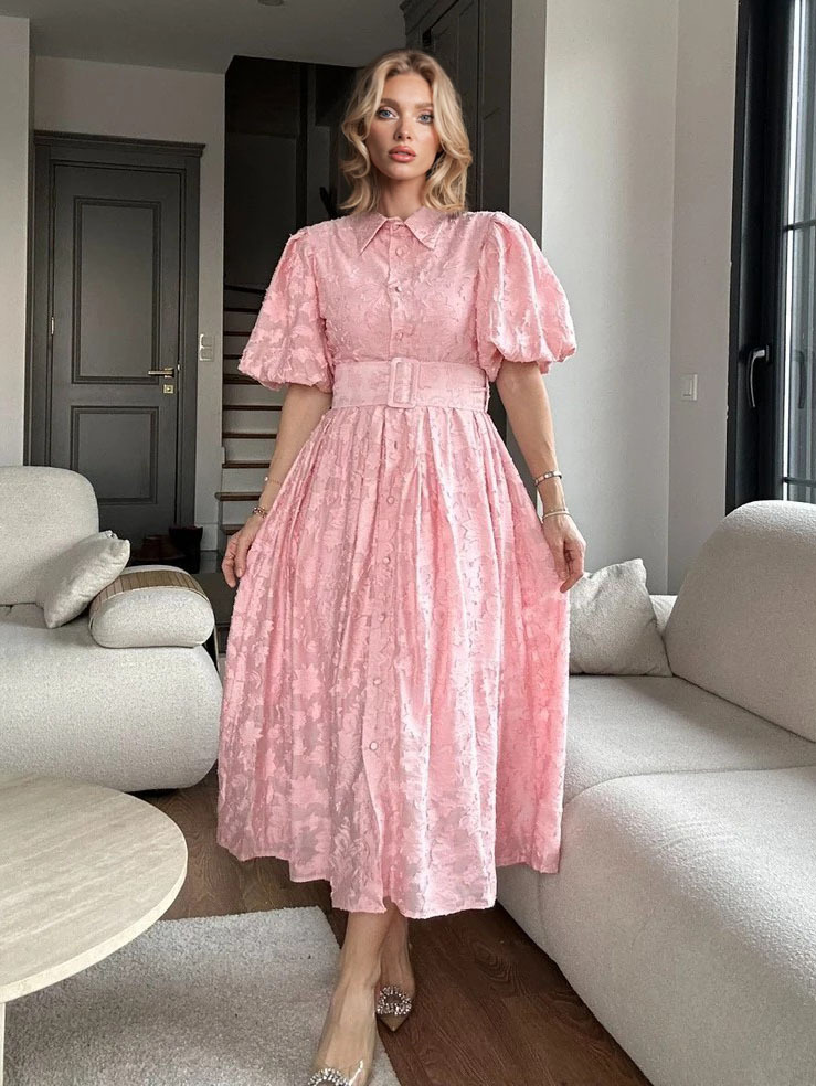 Elegant Textured Belted Shirt Midi Dress