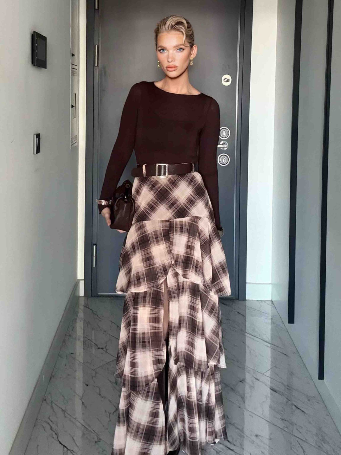Retro Plaid Layered Ruffle Skirt Two-piece Set