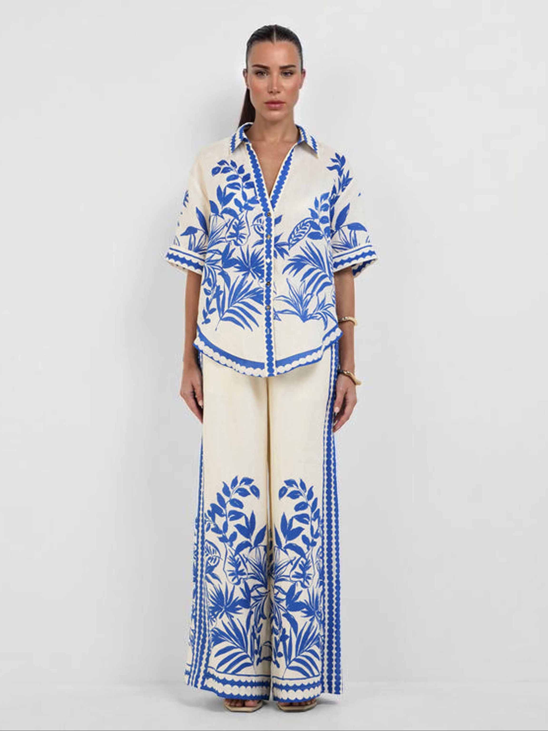 Exquisite Botanical Print Short-Sleeved Shirt