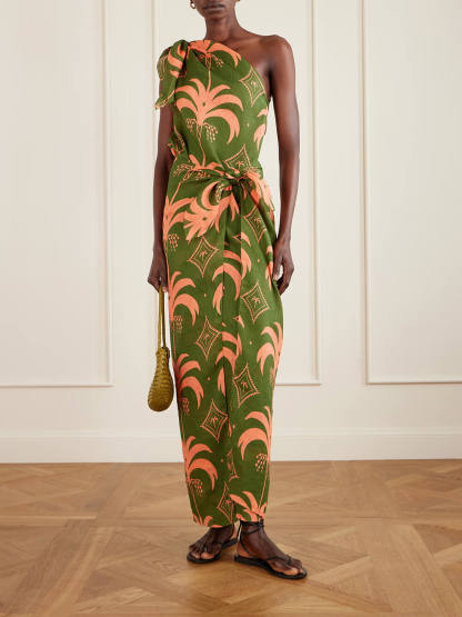 Unique Seaweed Print One-Shoulder Linen Maxi Dress