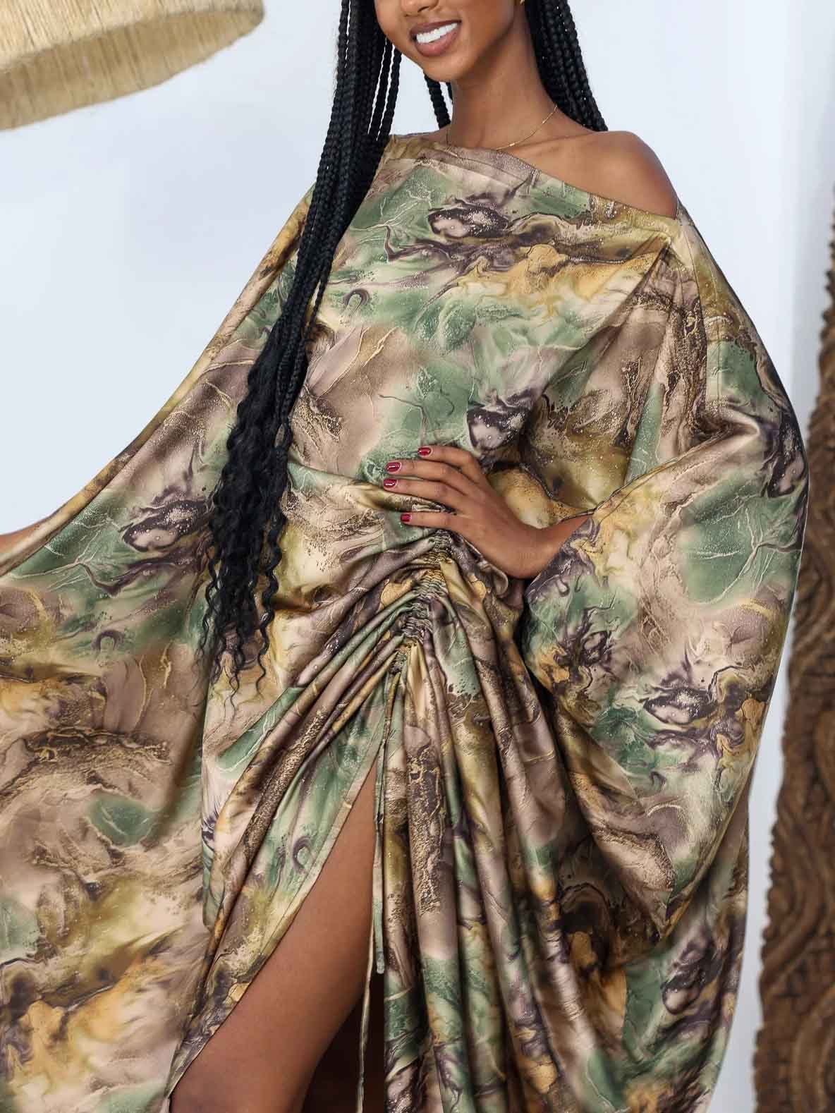 Elegant Satin Tie-dye Print Batwing Sleeve Maxi Dress