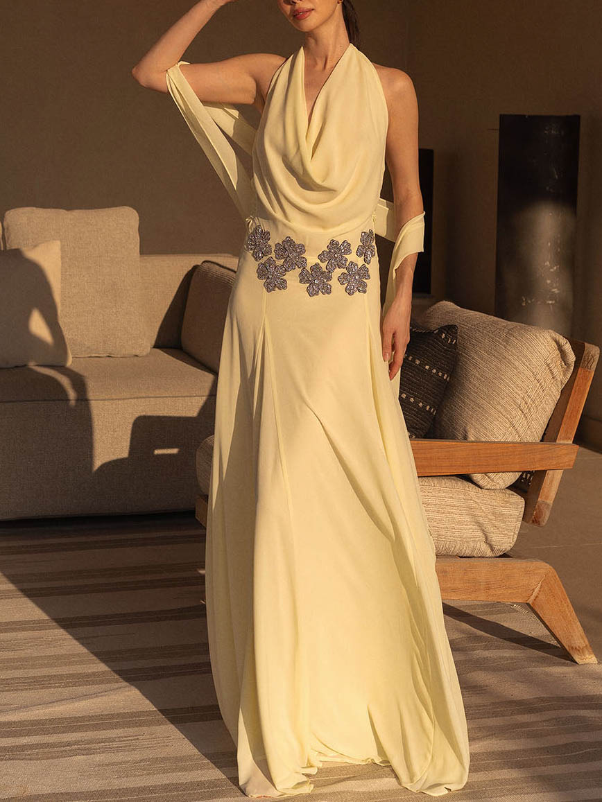 Elegant Draped Halter Embellished Maxi Dress