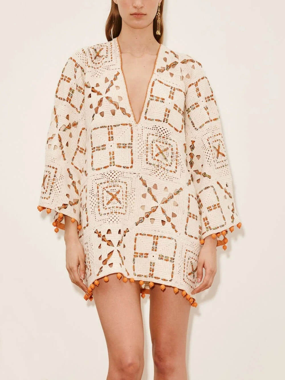 Exquisite Color-Block Print V-Neck Crochet Mini Dress