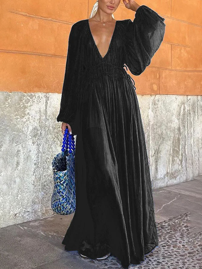 Elegant V-neck Chiffon Waist Pleated Maxi Dress