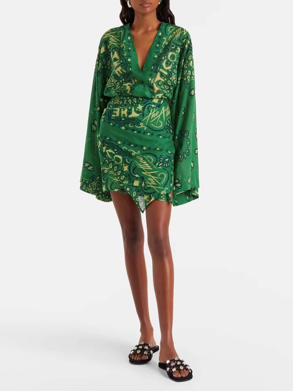 Vacation Print V-Neck Flare Sleeve Asymmetric Hem Mini Dress