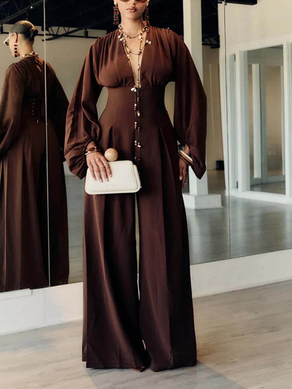 Casual Deep V-Neck Jumpsuit