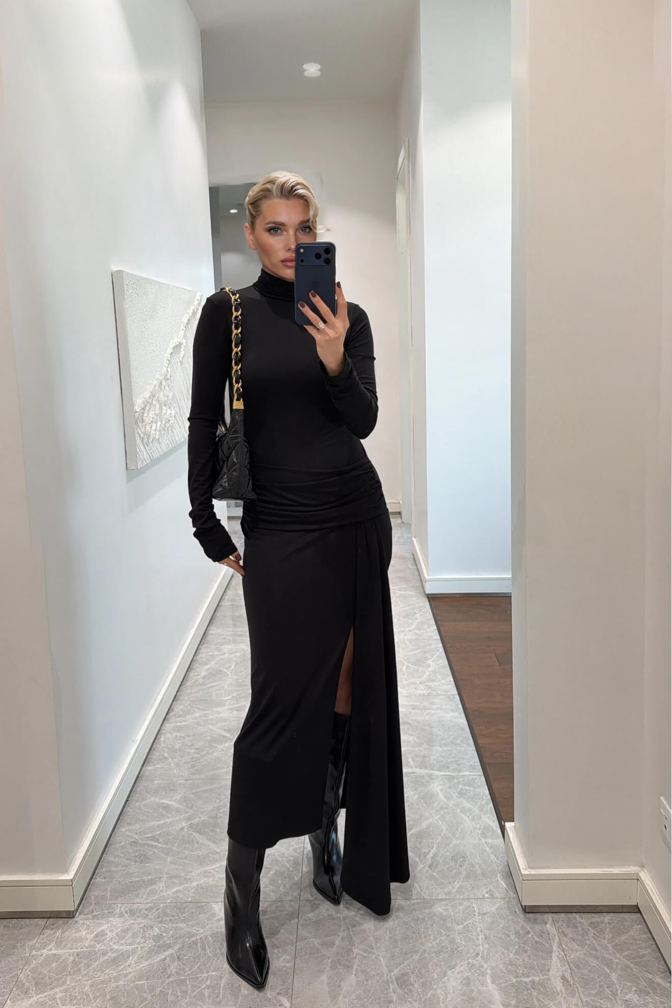 Elegant Black Ruched Waist Slit Maxi Dress