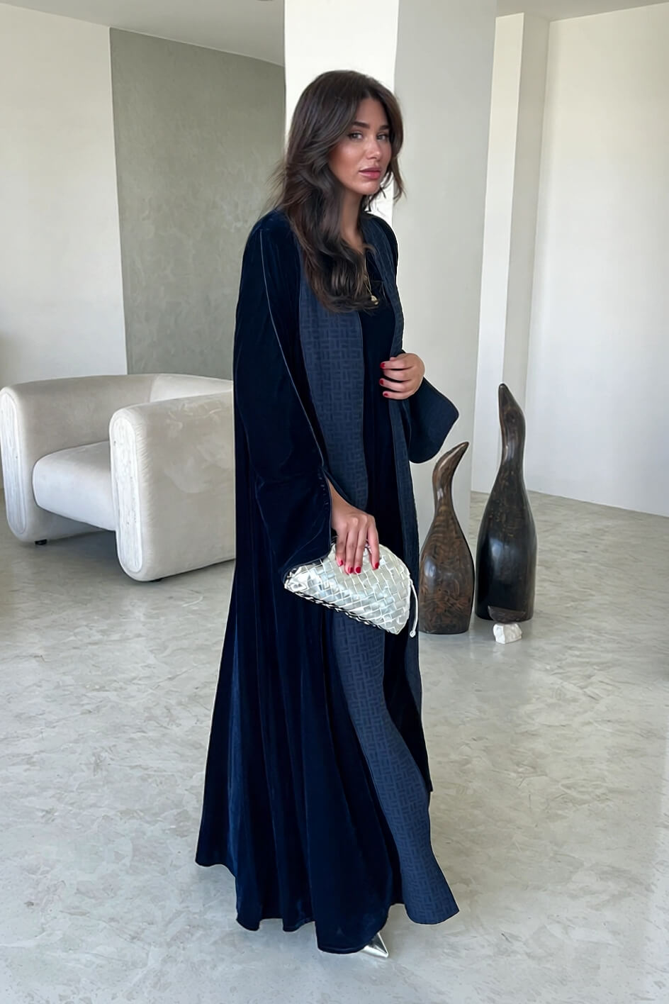 Elegant Navy Blue Printed Velvet Robe Cardigan