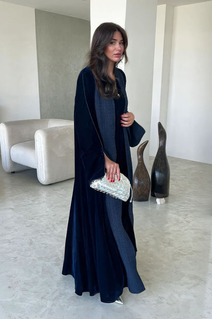 Elegant Navy Blue Printed Velvet Robe Cardigan