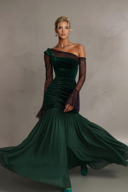 Elegant Emerald Velvet Chiffon Lace Sleeves Maxi Dress