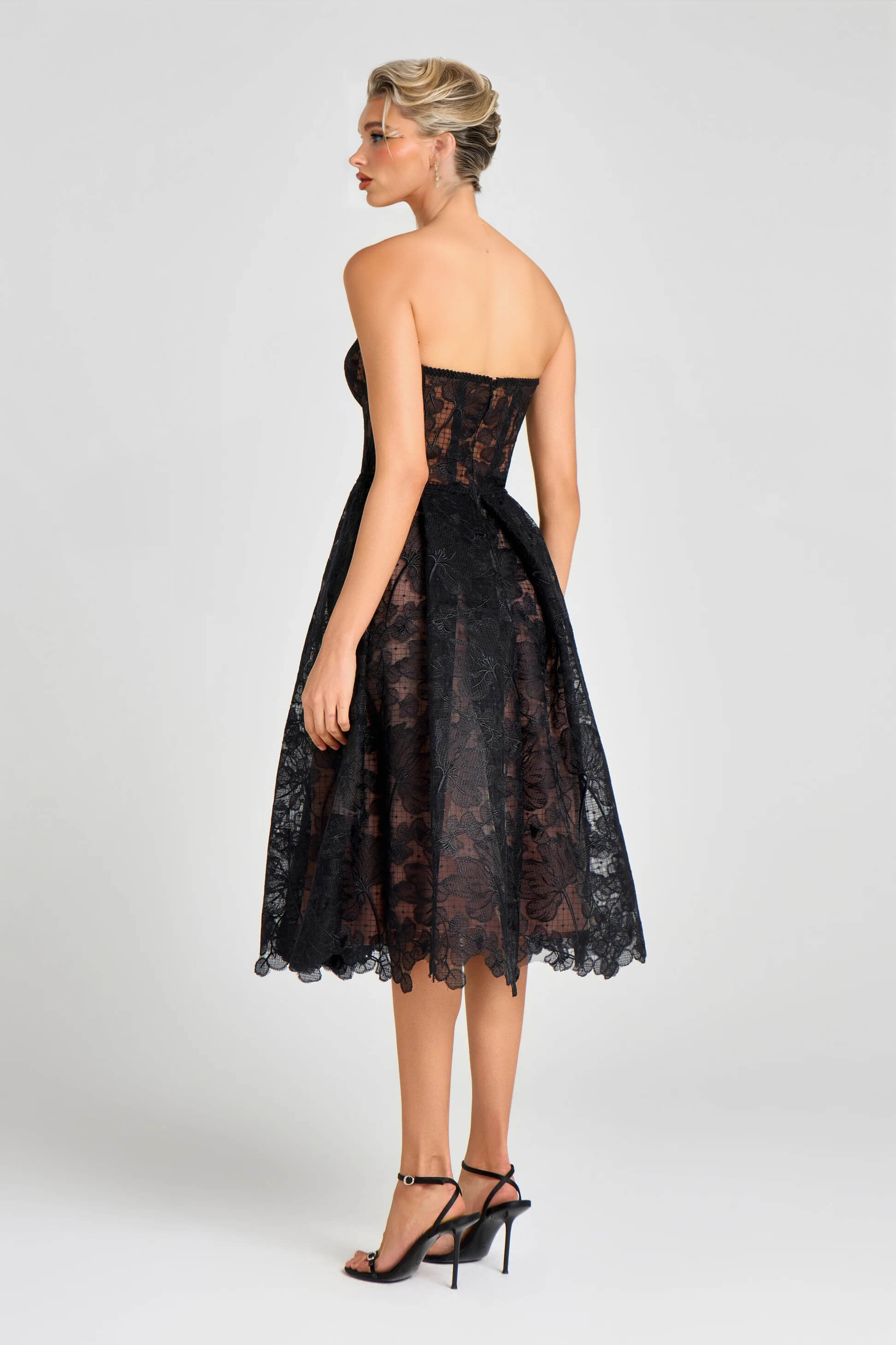 Exquisite Black Off-Shoulder Mesh Lace Cutout Midi Dress