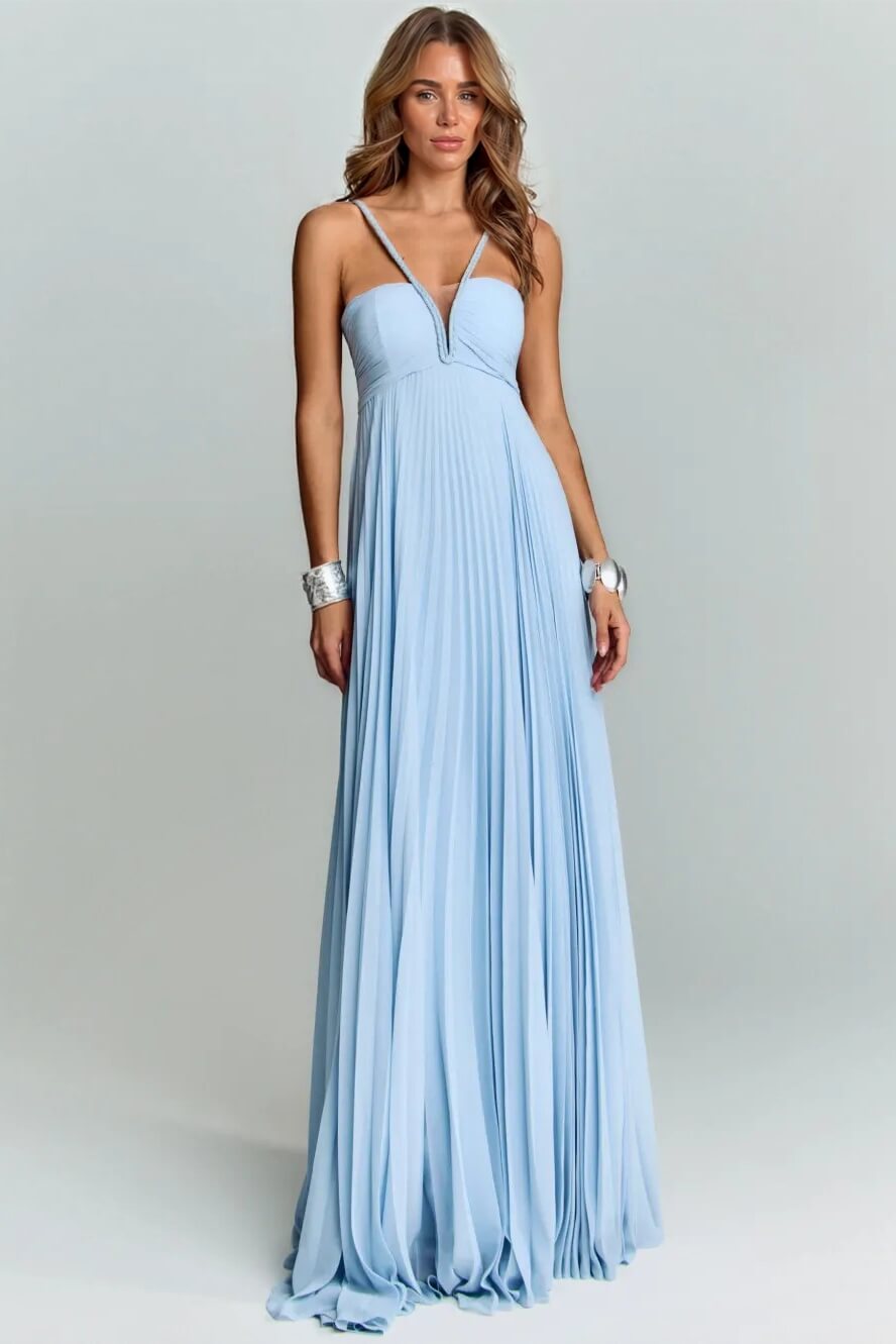 Elegant Braided Neckline Blue Pleated Maxi Dress