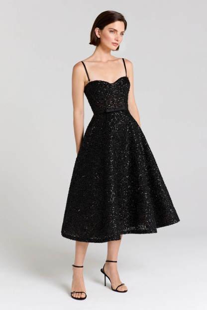 Exquisite Sequined Off-Shoulder Pleated Black A-Line Midi Dress