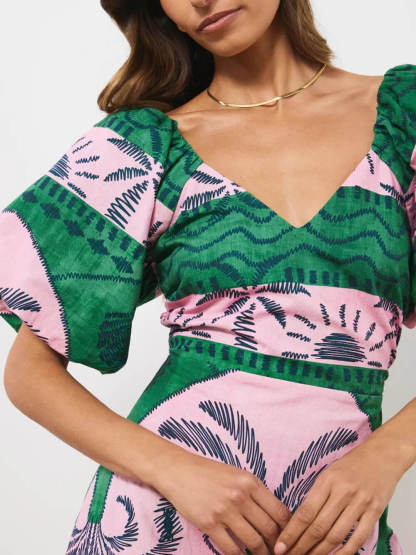 Unique Palm Print Puff Sleeve Mini Dress