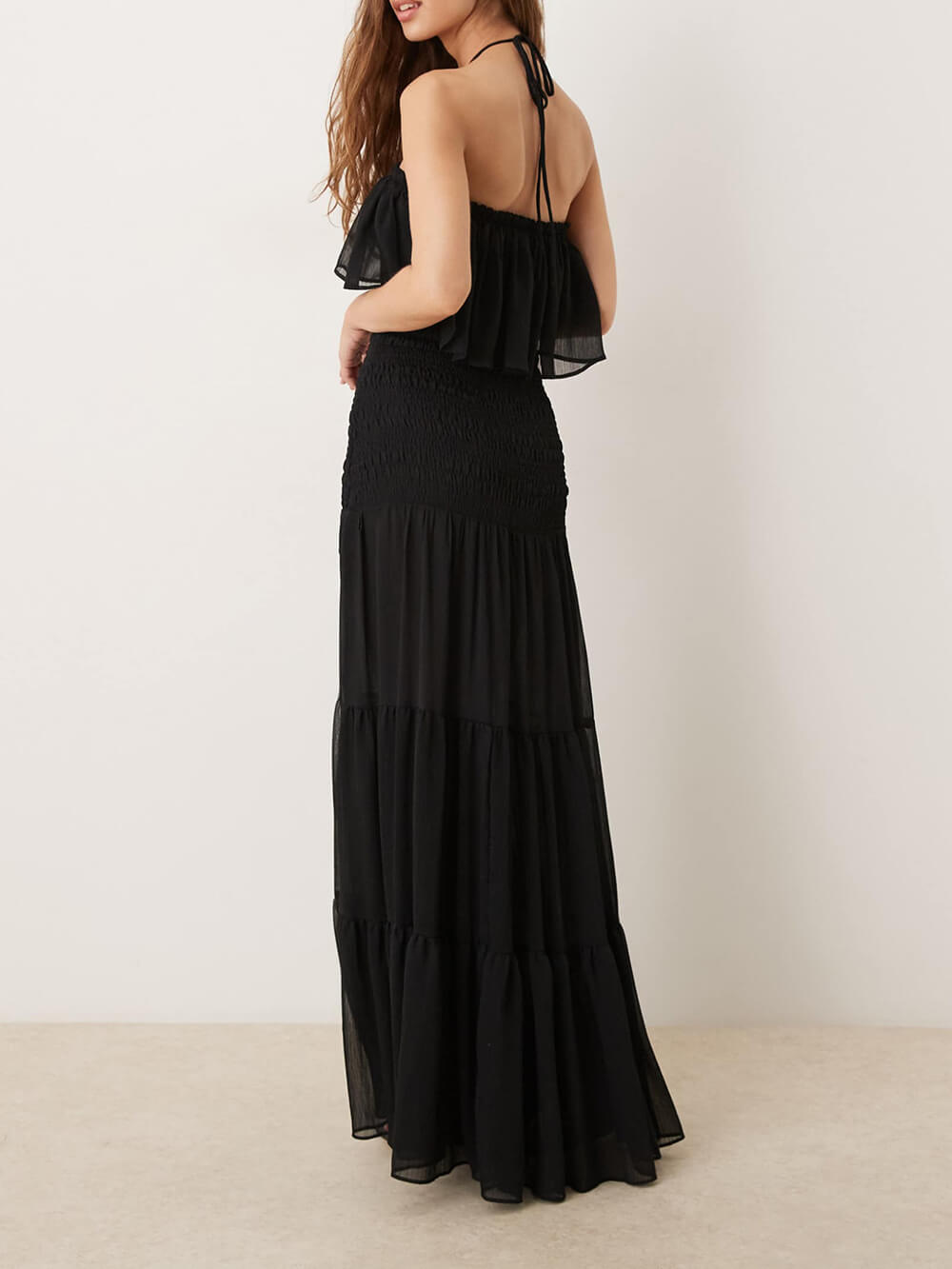 Elegant Ruched Layered Halter Backless Chiffon Maxi Dress