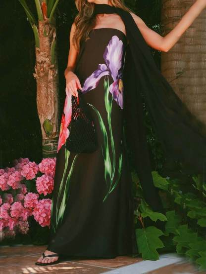 Elegant Printed Off-the-Shoulder Scarf Maxi Dress