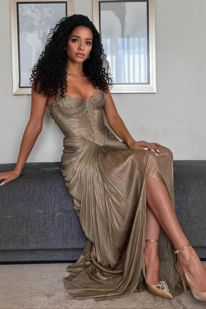 Elegant Pleated Metallic Tie-Waist Party Slit Gown Maxi Dress