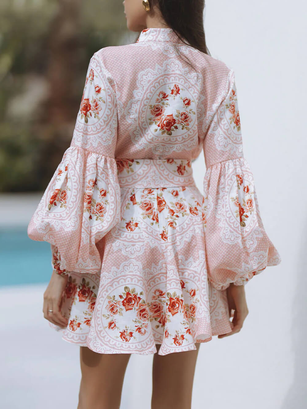 Elegant Rose Print Bow-Embellished Linen Mini Dress