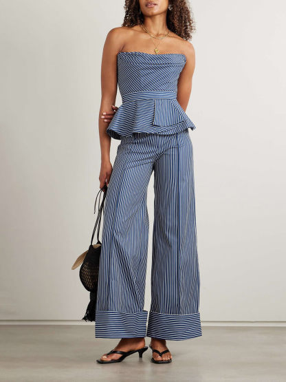 Retro Striped Print Stretch Twill Wide-Leg Pants