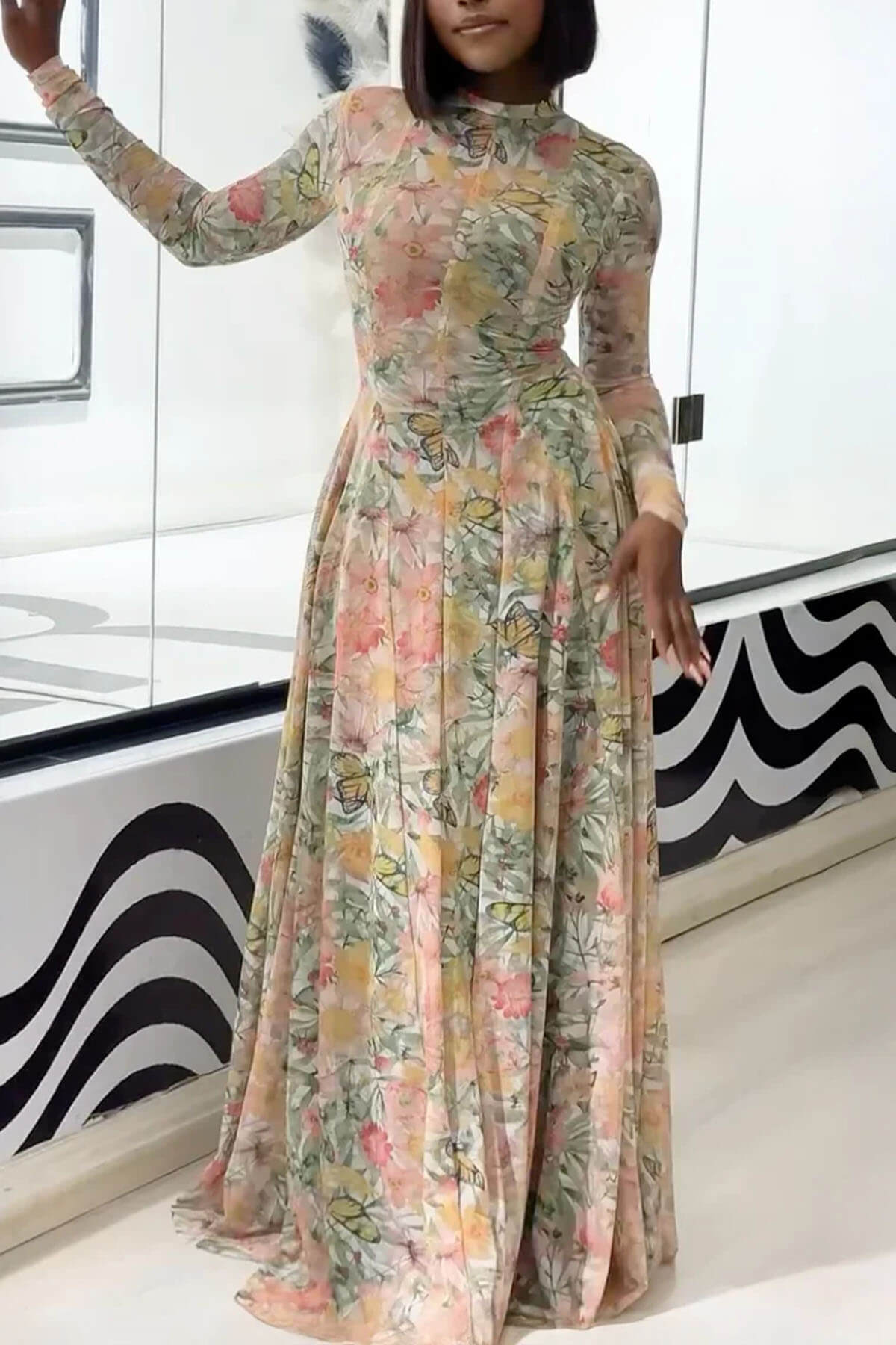 Elegant Floral Butterfly Print Maxi Dress