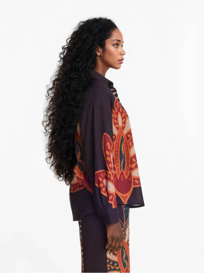 Exquisite Floral Print Linen Button-Down Loose Top