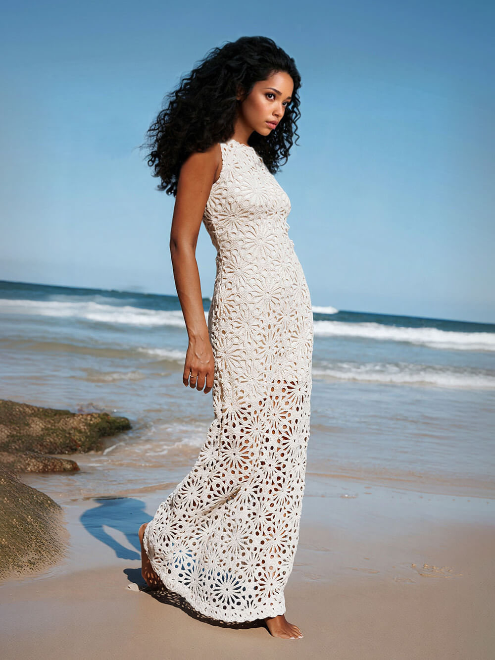 Fashion Crochet Lace Floral Pattern Backless Lace-up Vacation Maxi Dress