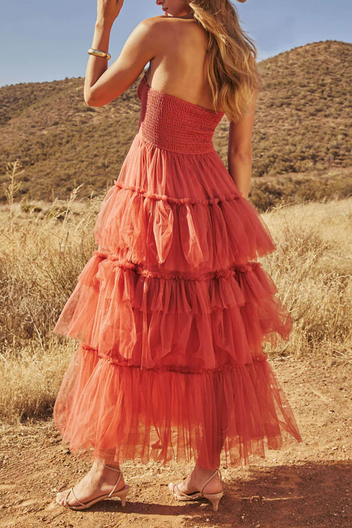Elegant Strapless Pleated Layered Tulle Maxi Dress