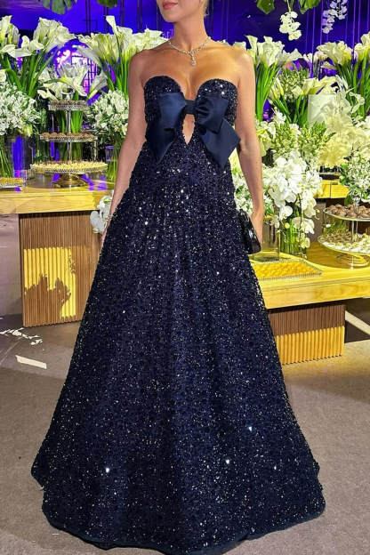 Exquisite Sparkling Sky Sequin Satin Bow Detail Off Shoulder Prom Maxi Dress