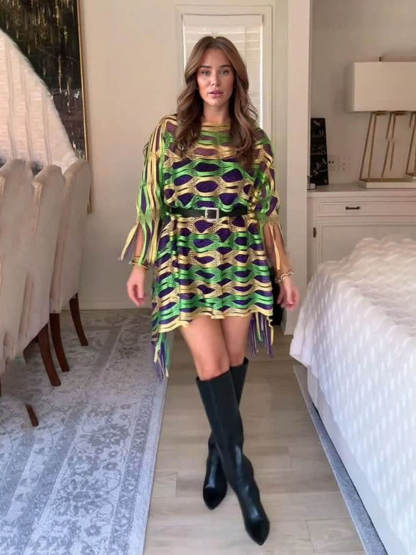 Casual Tassel Patchwork Hollow-Out Shawl Mini Dress