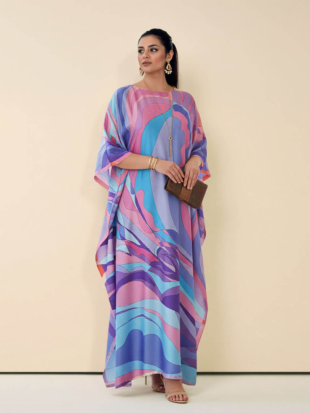 Classic Print Kaftan Kimono Maxi Dress
