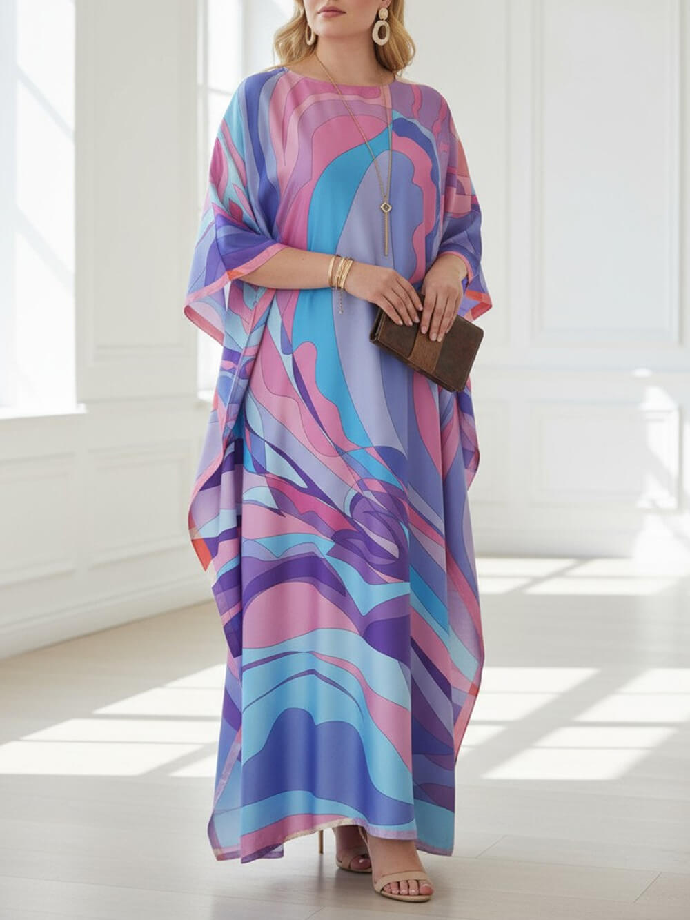 Classic Print Kaftan Kimono Maxi Dress