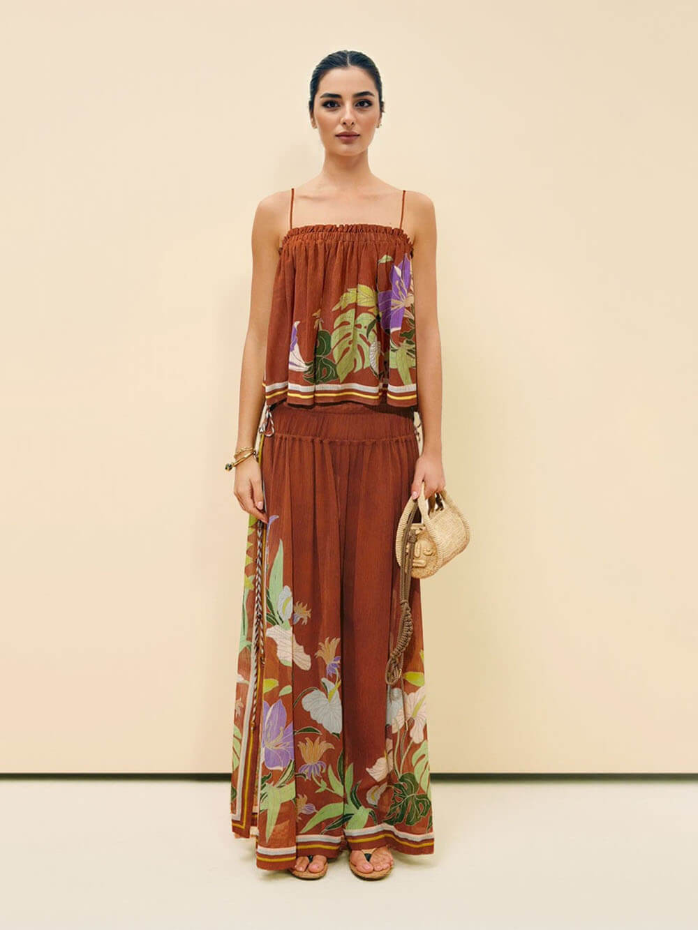 Exquisite Ruffled Adjustable Strap Camisole with Drawstring Slit Wide-Leg Pants Set