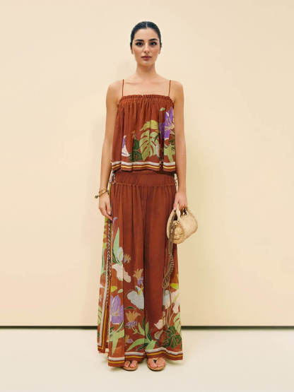 Exquisite Ruffled Adjustable Strap Camisole with Drawstring Slit Wide-Leg Pants Set