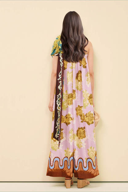 Modern One-Shoulder Printed Satin Bow Maxi Dress