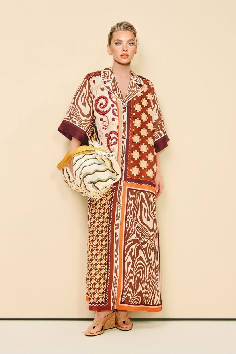 Unique Color-Block Print Side Pocket Loose Maxi Shirtdress