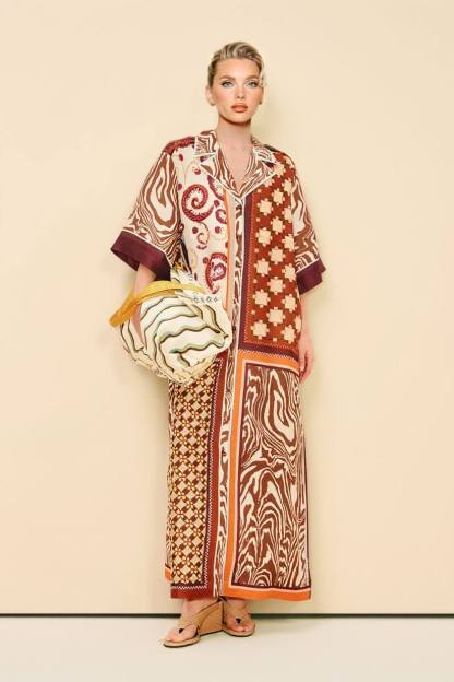 Unique Color-Block Print Side Pocket Loose Maxi Shirtdress