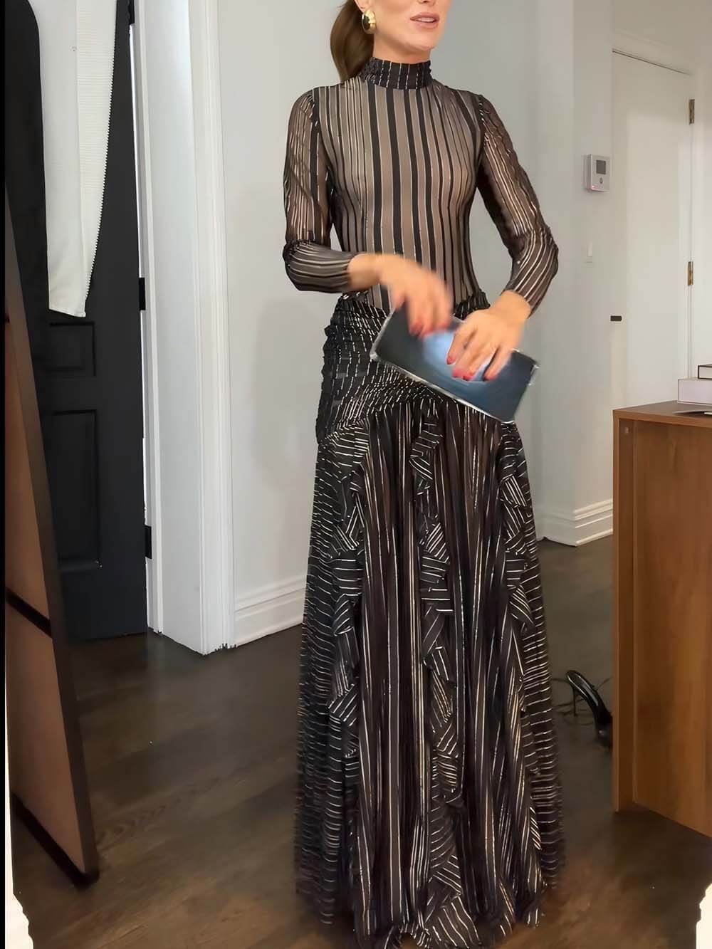 Exquisite Floral Print Ruffle Panel Slit Maxi Dress