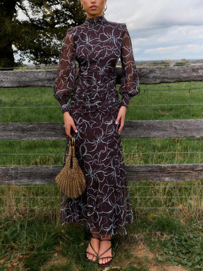 Exquisite Backless Printed Ruched Chiffon Long-Sleeve Maxi Dress