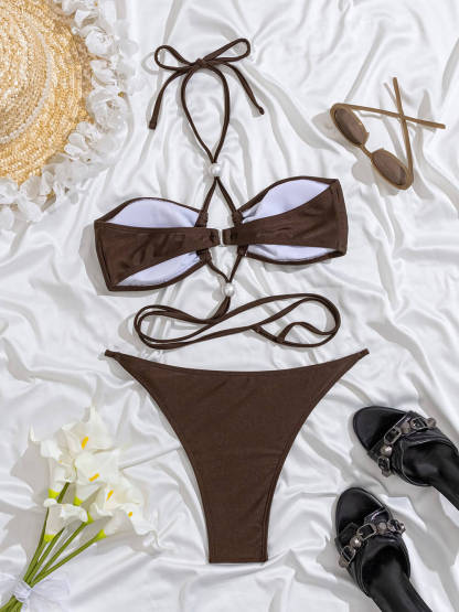 Beach Solid Color Pearl Embellished Bikini Set