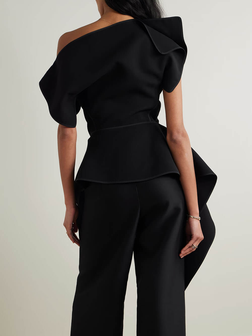 Unique Asymmetrical Ruffled Crepe Peplum Top