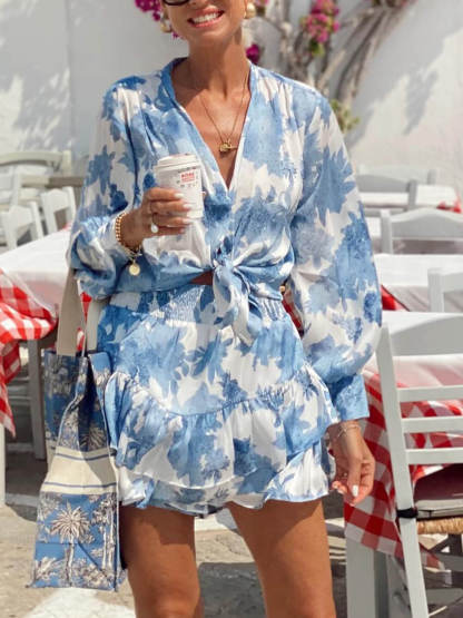 Summer Casual Printed Tie-Front Loose Top & Elastic Waist Shorts Set