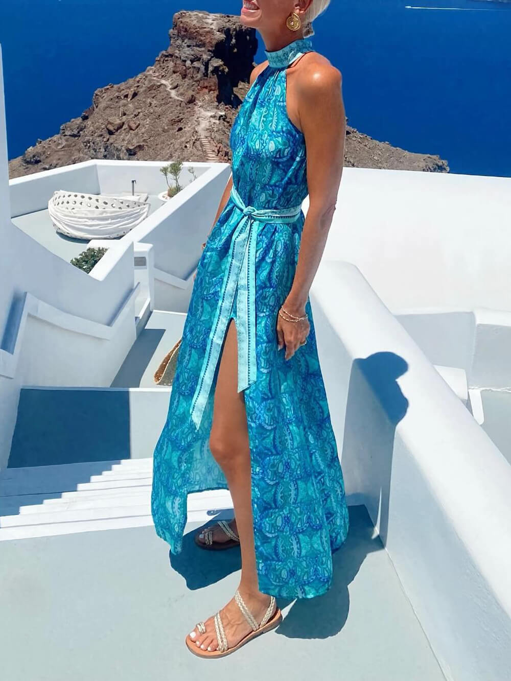 Bohemian Unique Print Slit Belted High Collar Maxi Dress